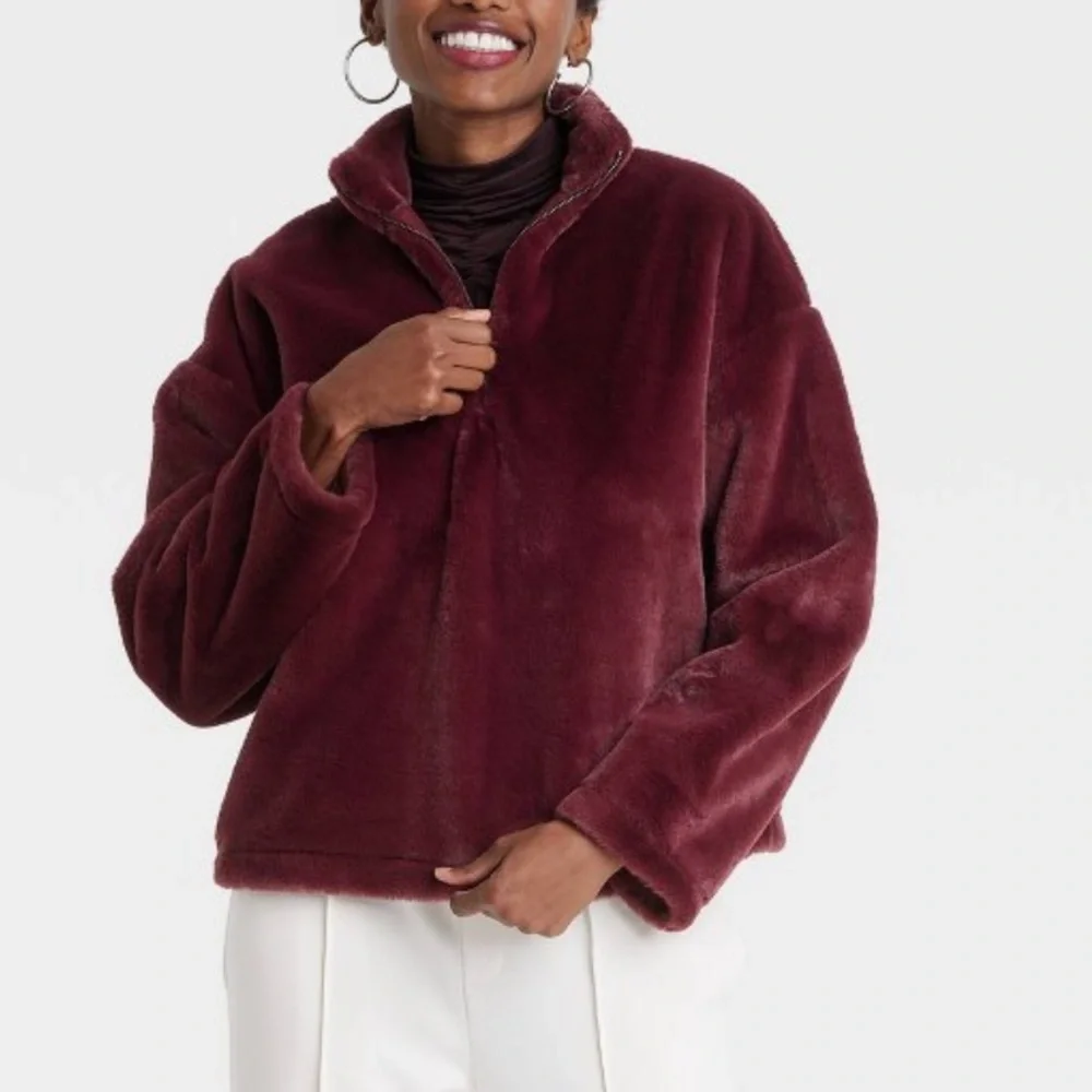 A New Day Women's Faux Fur Quarter Zip Sweatshirt - Picture 2 of 7